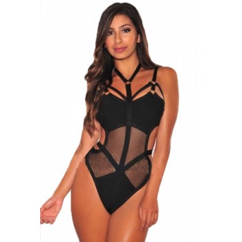 Black Strappy Caged Mesh Insert Teddy Swimsuit